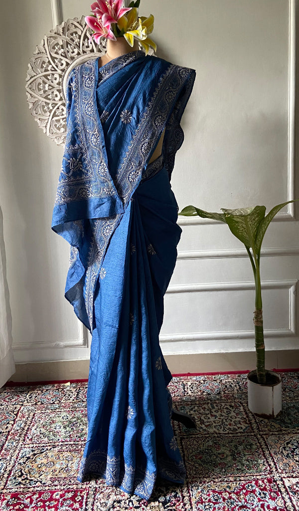 Women's Lakhnavi Handcrafted Tussar Silk Chikankari Saree - HONC0342571