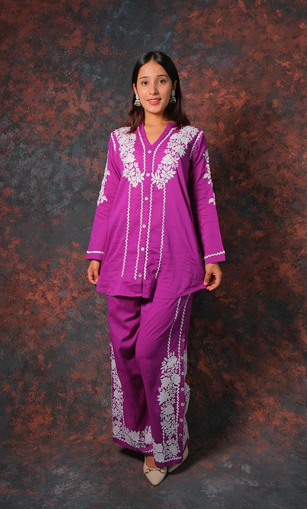 khayal Women's Lakhnavi Handcrafted Cotton Chikankari Kurti And Plazzo Set - HONC0323928