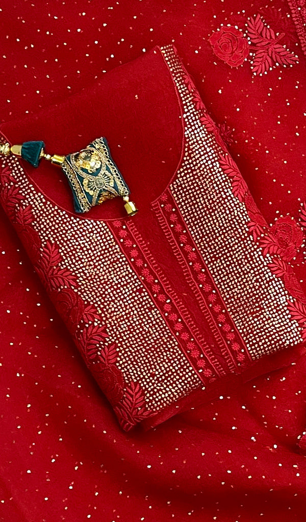 Red Lakhnavi Chikankari Suits