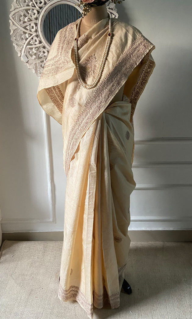 Women's Lakhnavi Handcrafted Tussar Silk Chikankari Saree - HONC0313446