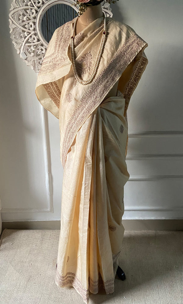 Women's Lakhnavi Handcrafted Tussar Silk Chikankari Saree - HONC0313446