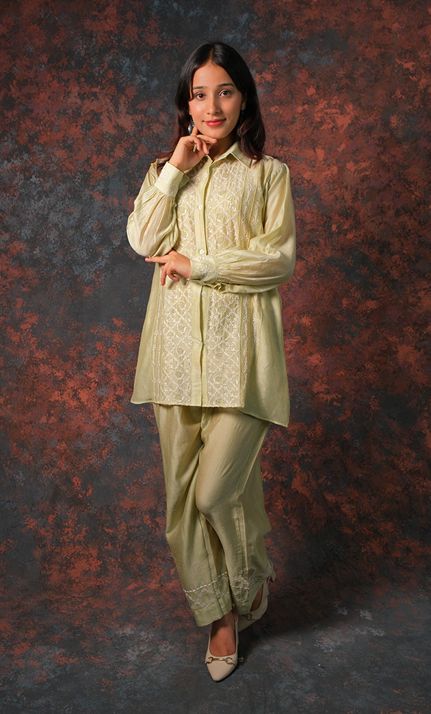 Women's Lakhnavi Handcrafted Chanderi Silk Chikankari Top And Pant Set - HONC0310758