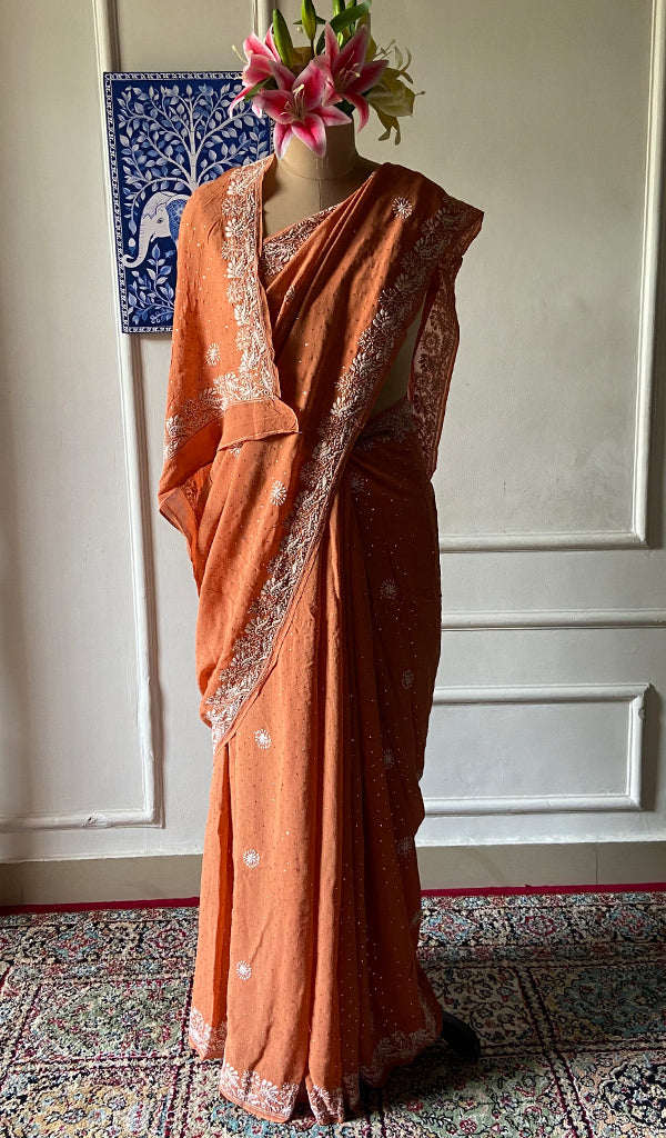 Women's Lakhnavi Handcrafted Pure Silk Georgette Chikankari Saree - HONC0216637