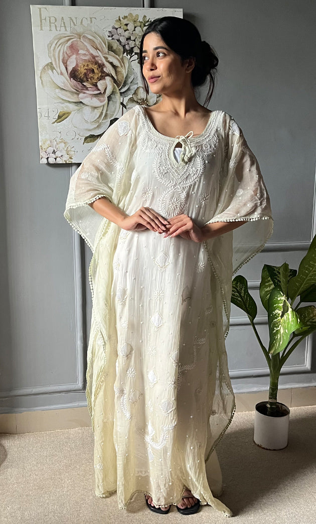 Rabia Women's Lucknowi Handcrafted Mul chanderi Chikankari Kaftan - HONC0304365