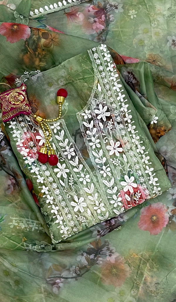 Women's Lakhnavi Handcrafted Organza Chikankari Unstitched Kurta And Dupatta Set - HONC0141608