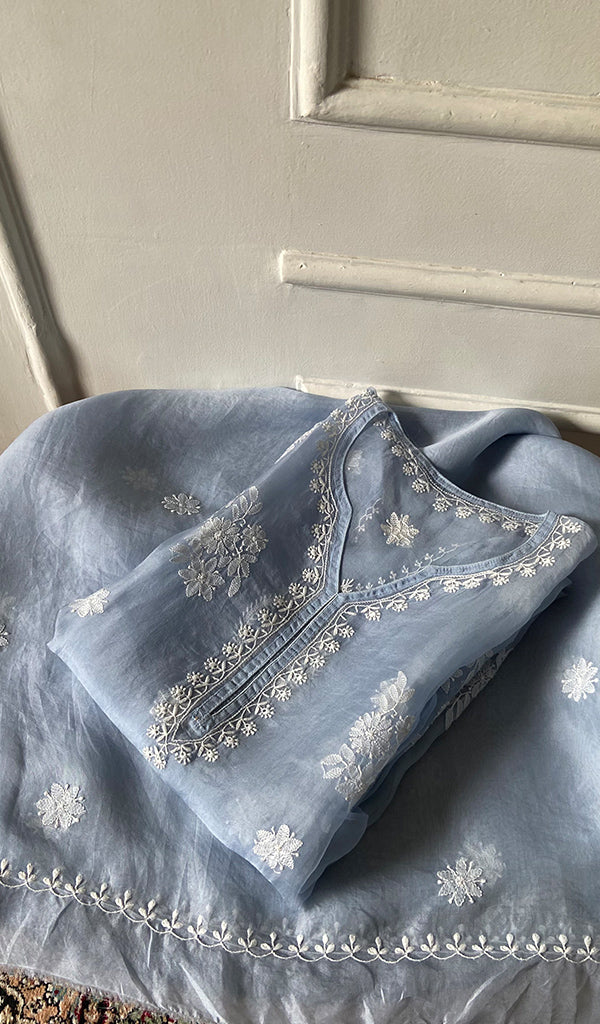Mayuri Women's Lakhnavi Handcrafted Pure Organza Silk Chikankari Semi - stitched Full Suit Material - HONC0348611