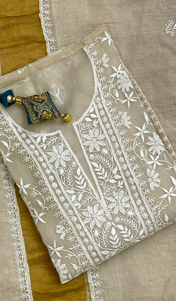 Women's Lakhnavi Handcrafted Pure Organza Silk Chikankari Semi Stitched Kurta And Dupatta Set - HONC0135666