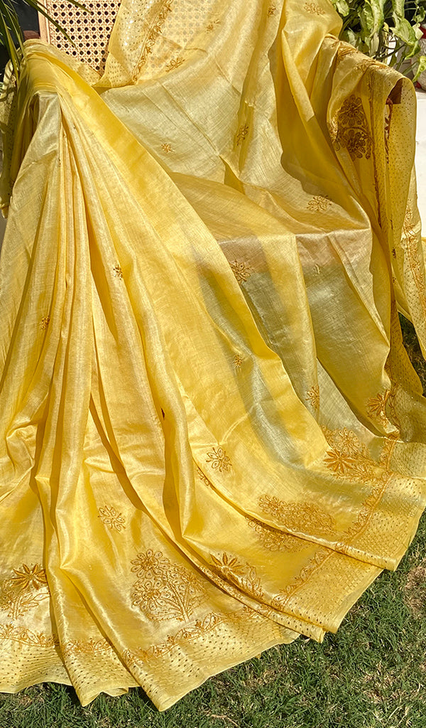Women's Lakhnavi Handcrafted Tussar Silk Chikankari Saree - HONC0264385