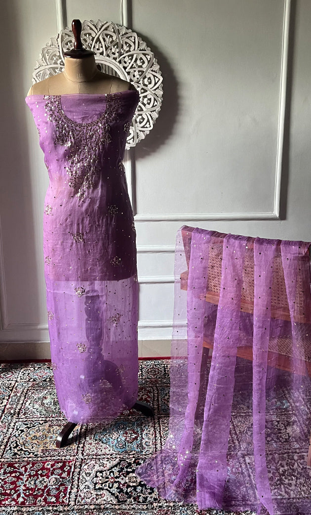 Marifa Women's Lakhnavi Handcrafted Pure Organza Chikankari Unstitched Kurta And Dupatta Set- HONC0317960