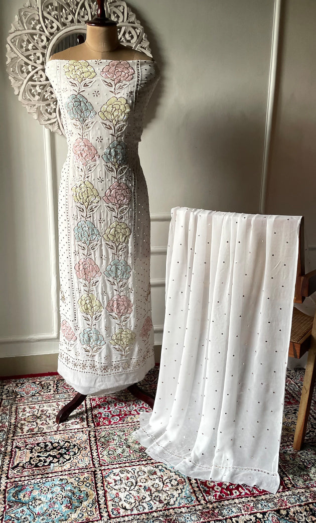 Women's Lucknowi Handcrafted Viscose Georgette Unstitched Chikankari Kurta and Dupatta Set- HONC0312911