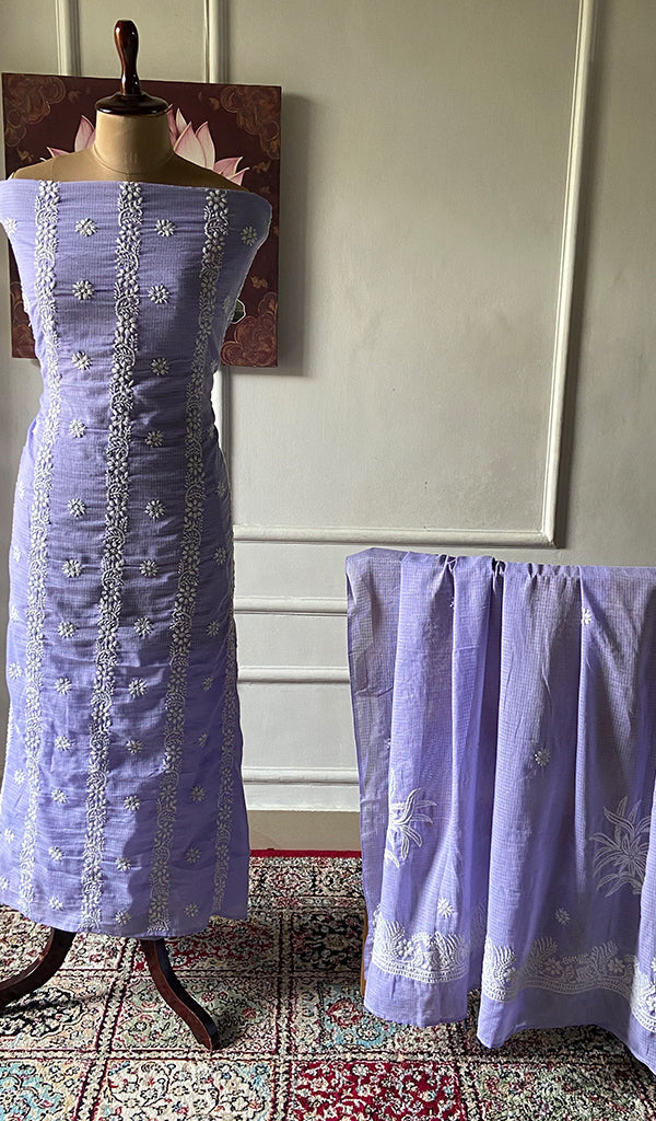 Women's Lucknowi Handcrafted Kota Cotton Chikankari Unstitched Kurta And Dupatta Set - HONC0340079