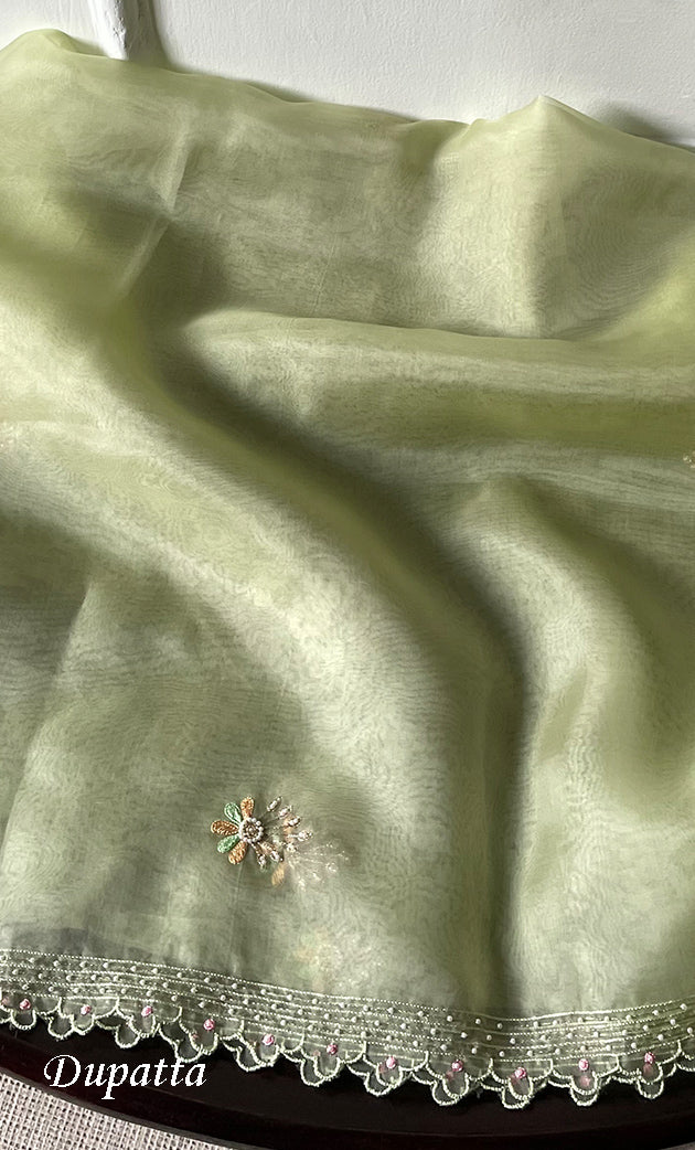 Women's Lakhnavi Handcrafted Pure Organza Chikankari Unstitched Kurta And Dupatta Set- HONC0237139