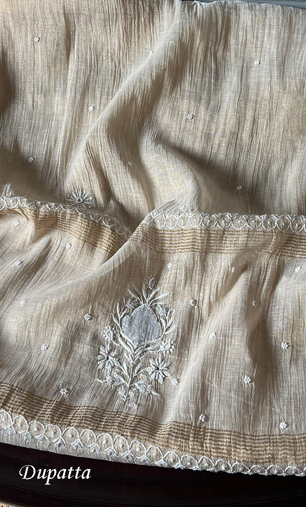 Women's Lakhnavi Handcrafted Tissue Chanderi Semi - Stitched Kurta , Dupatta And Pant set - HONC0285747