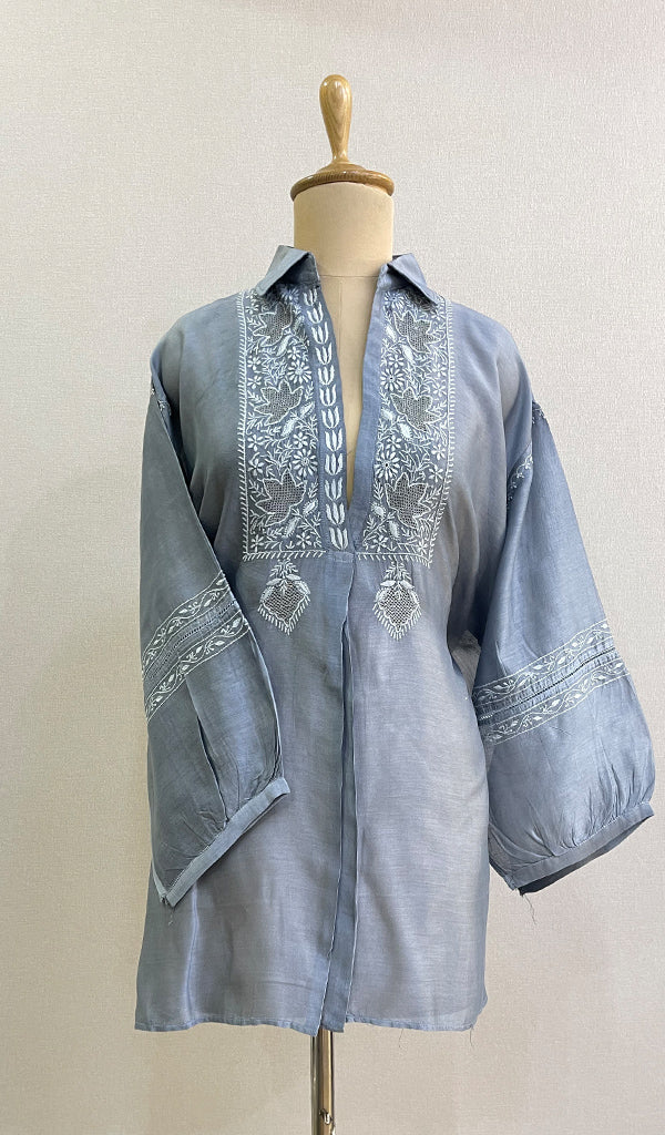 Fiza Women's Lakhnavi Handcrafted Chanderi Silk Semi- Stiched Chikankari Top - HONC0191707