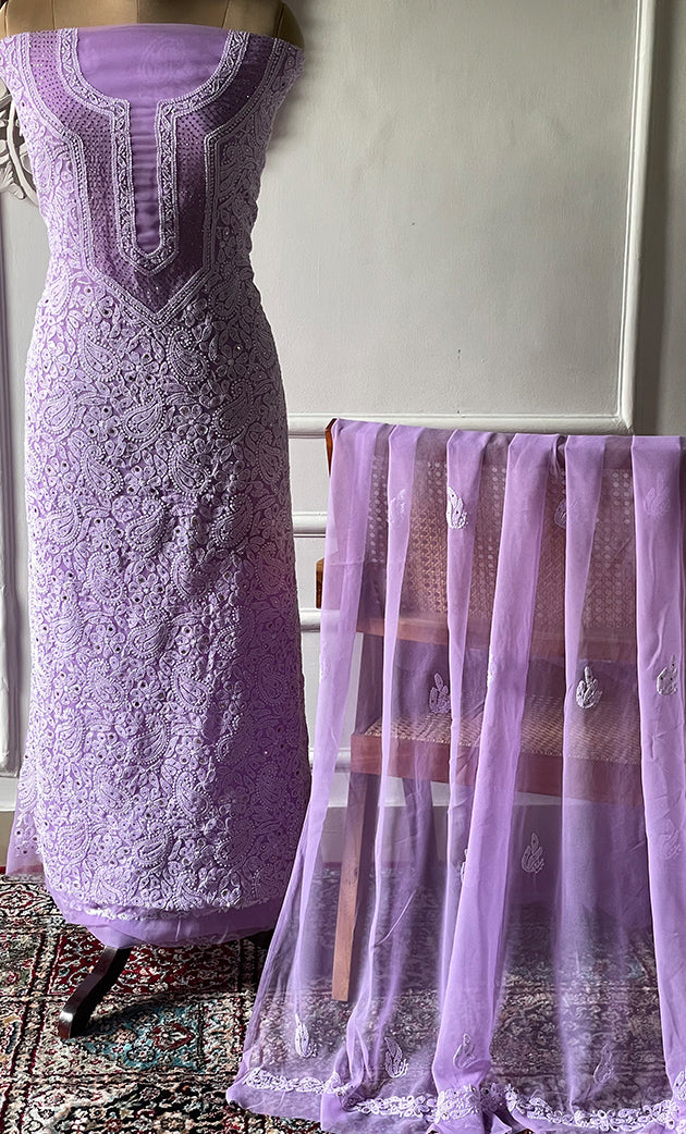 Women's Lucknowi Handcrafted Faux-Georgette Chikankari Suit Material - HONC0263370