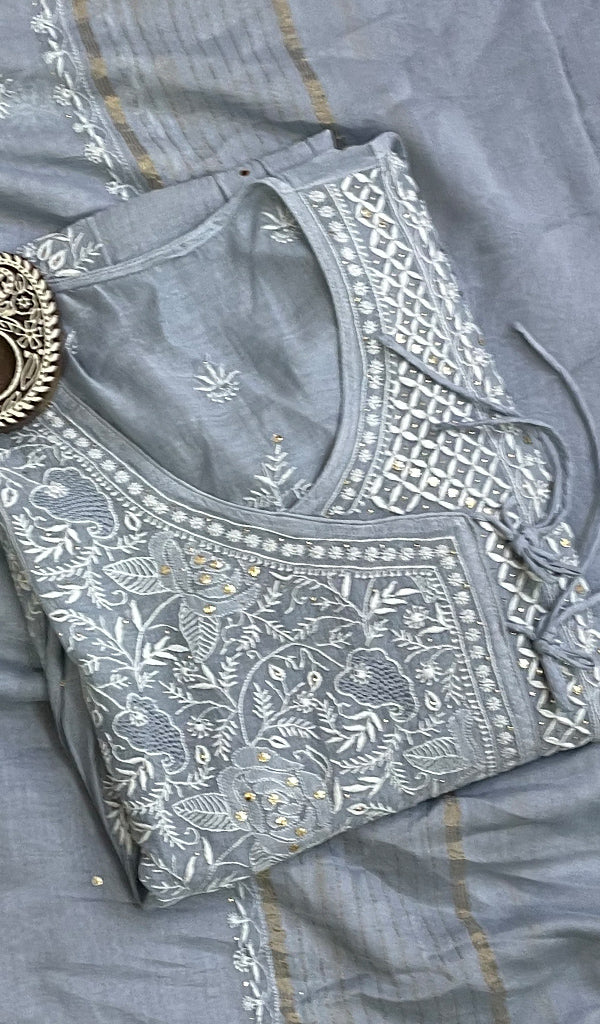 Women's Lakhnavi Handcrafted Mul Chanderi Kurta And Dupatta Set - HONC0175321