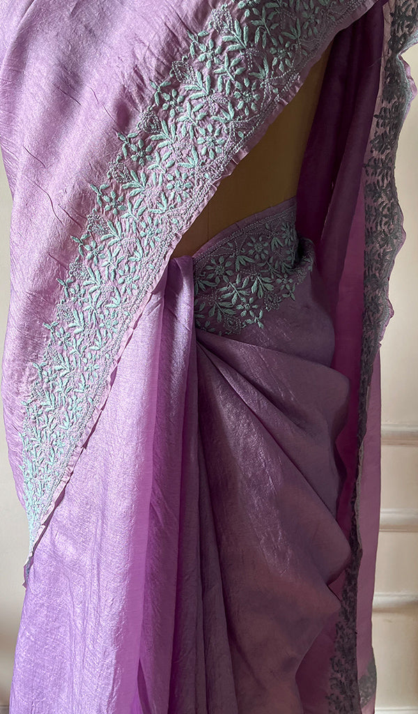 Women's Lakhnavi Handcrafted Tussar Silk Chikankari Saree - HONC0284142