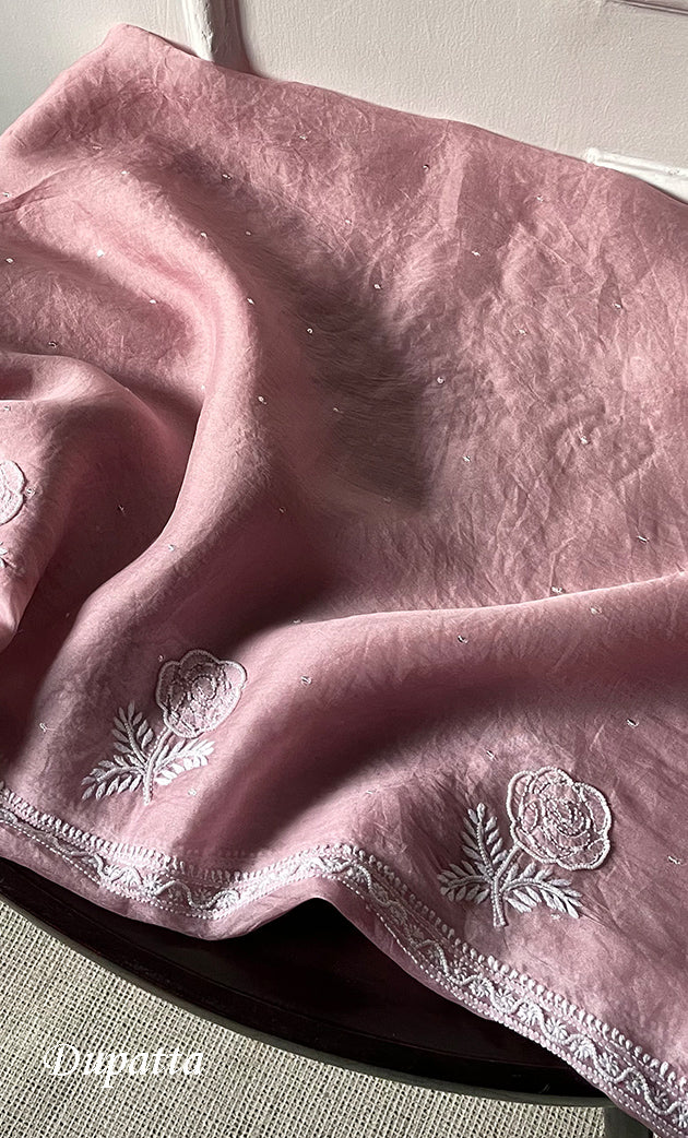 Women's Lakhnavi Handcrafted Pure Organza Chikankari Unstitched Kurta And Dupatta Set- HONC0292518