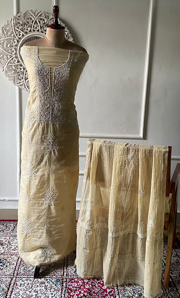 Women's Lakhnavi Handcrafted Mul Chanderi Unstitched Chikankari Full Suit Material - HONC0328321