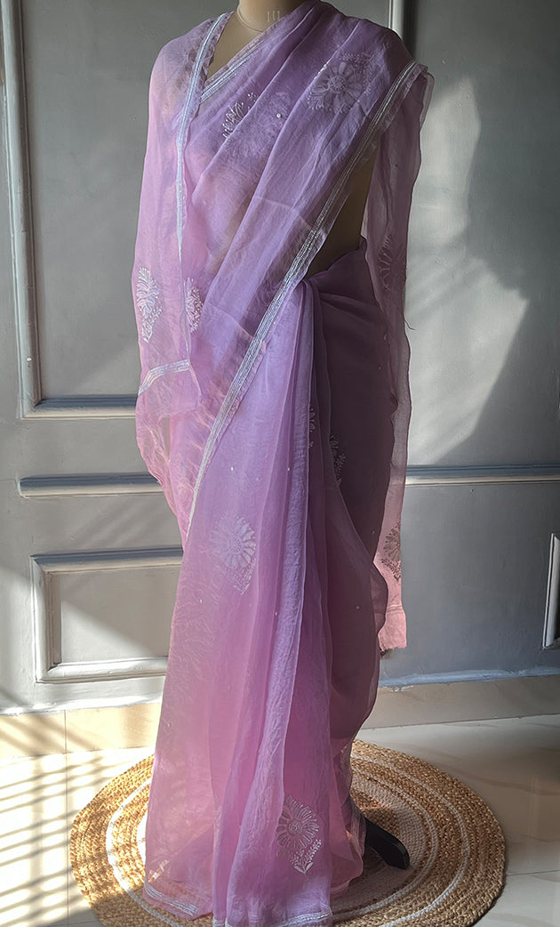 Amna Women's Lucknowi Handcrafted Pure Organza Silk Chikankari Saree - HONC0297170