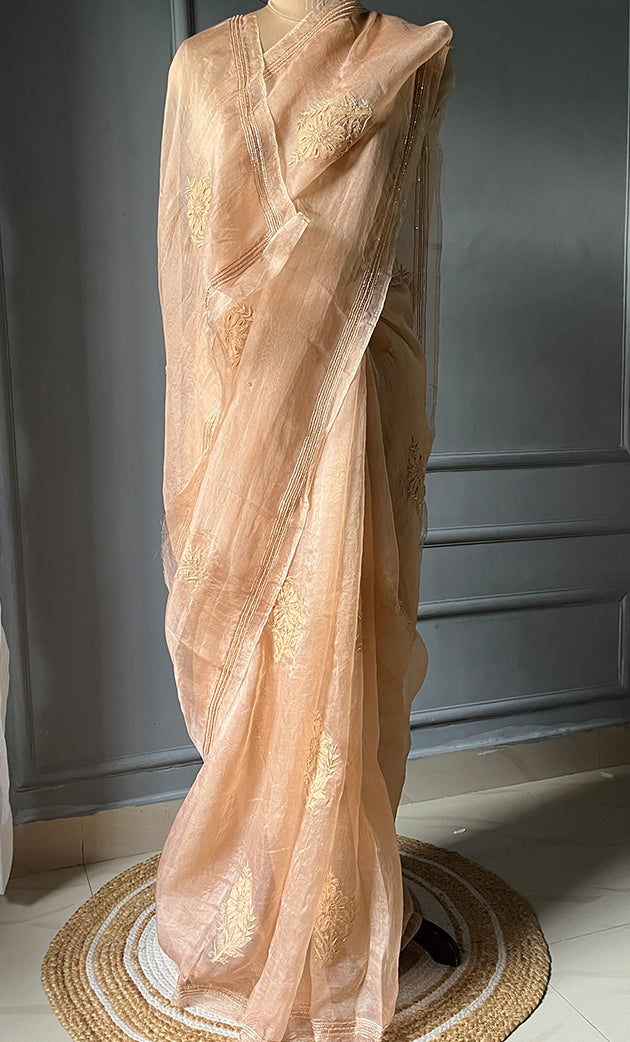 Women's Lucknowi Handcrafted Pure Organza Silk Chikankari Saree - HONC0269567
