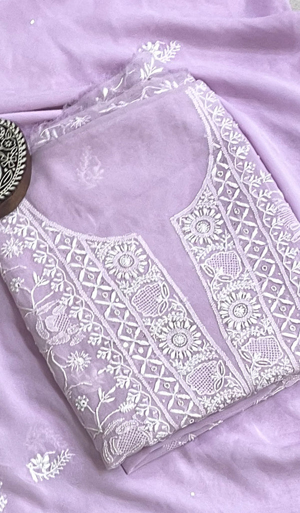 Women's Lakhnavi Handcrafted Pure Silk Georgette Chikankari Kurta And Dupatta Set - HONC0166872