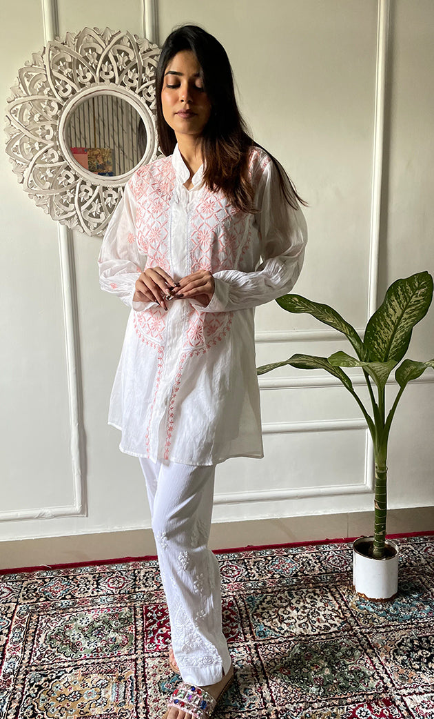 Women's Lakhnavi Handcrafted Mul Chanderi Chikankari Top - HONC0312906