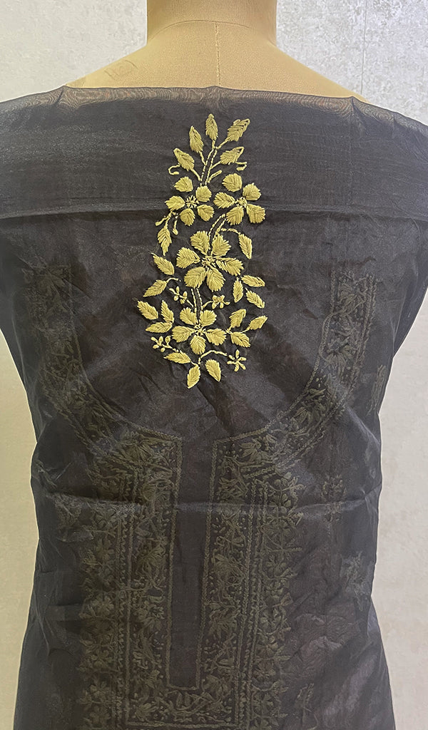 Women's Lakhnavi Handcrafted Organza Chikankari Unstitched Kurti Fabric - Honc0148495