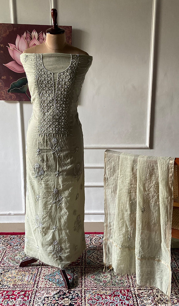 Women's Lakhnavi Handcrafted Chanderi Silk Unstitched Chikankari Full Suit - HONC0354638