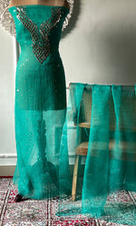 将图像加载到图库查看器中， Alfia Women&#39;s Lakhnavi Handcrafted Pure Organza Chikankari Unstitched Kurta And Dupatta Set- HONC0326789
