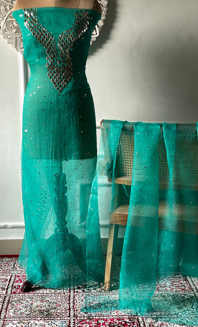 Alfia Women's Lakhnavi Handcrafted Pure Organza Chikankari Unstitched Kurta And Dupatta Set- HONC0326789