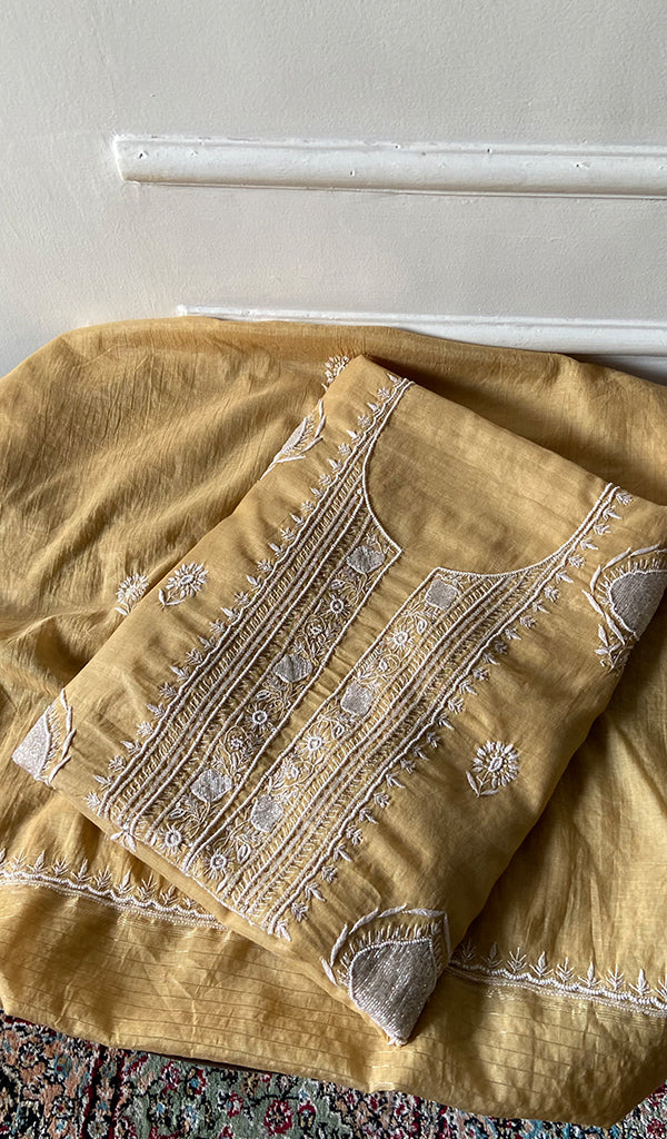 Women's Lakhnavi Handcrafted Mul Chanderi Unstitched  Chikankari Full Suit Material - HONC0334940