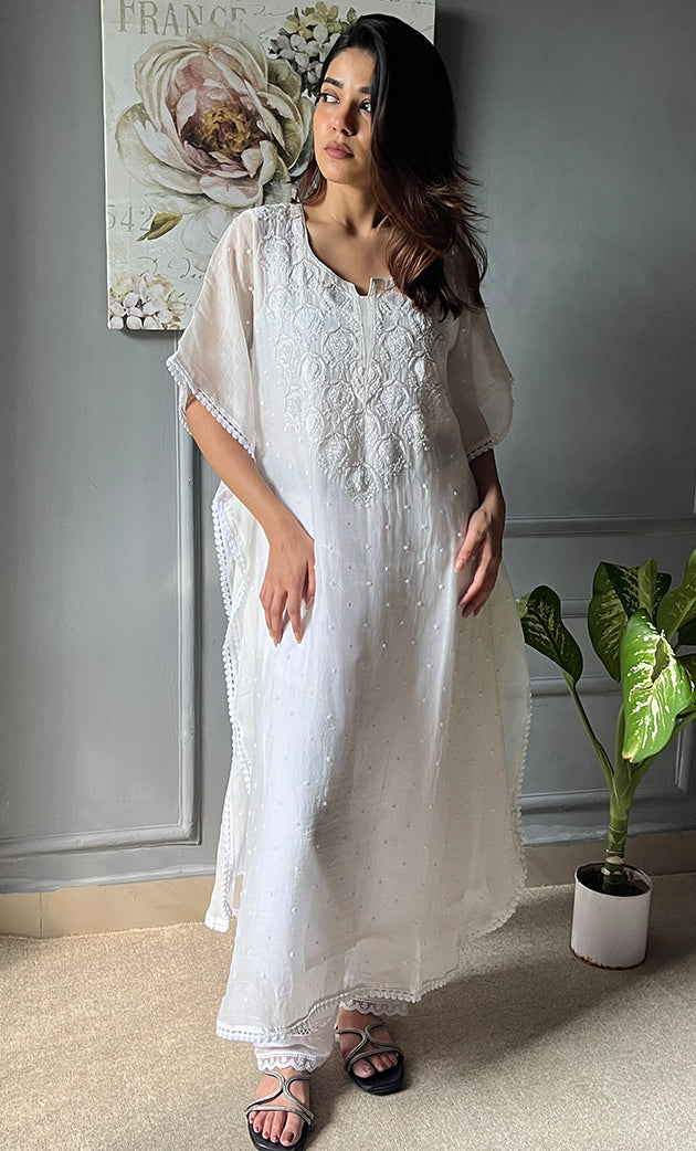 Jazba Women's Lucknowi Handcrafted Mul chanderi Chikankari Kaftan - HONC0303414