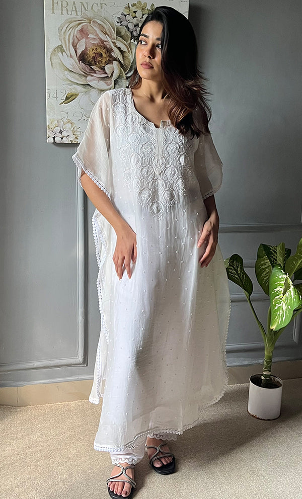 Jazba Women's Lucknowi Handcrafted Mul chanderi Chikankari Kaftan - HONC0303414