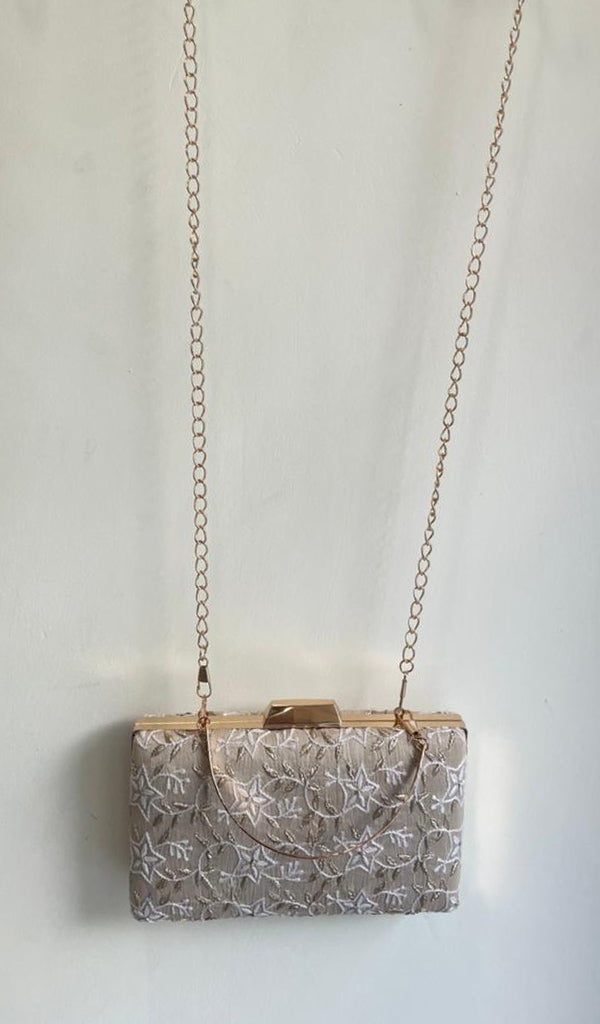 Beige Chikankari Embroidered Clutch - HONC0377323