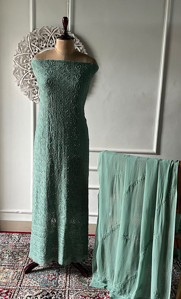 Women's Lucknowi Handcrafted Viscose Georgette Unstitched Chikankari Suit Material - HONC0325151