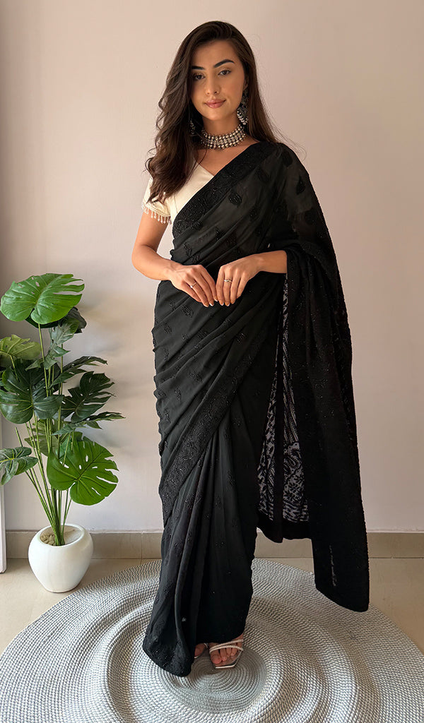 Women's Lakhnavi Handcrafted Pure Silk Georgette Chikankari Saree - HONC0310644