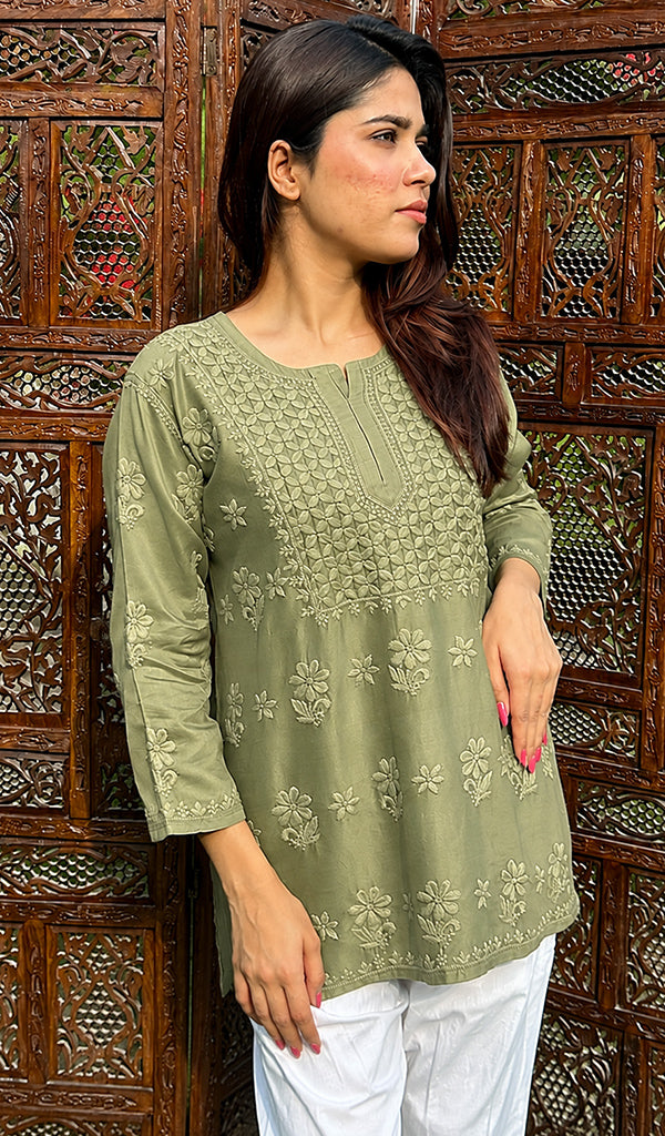 Hania Women's Lakhnavi Handcrafted Chanderi Silk Chikankari Top - HONC0383281