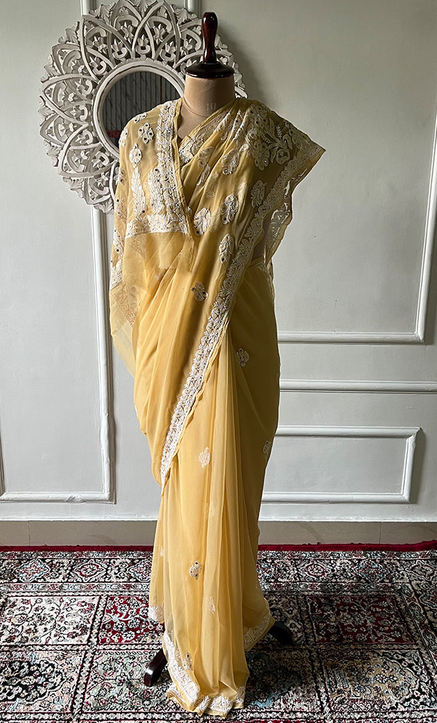 Women's Lucknowi Handcrafted  Faux-Georgette Chikankari Saree - HONC0307144