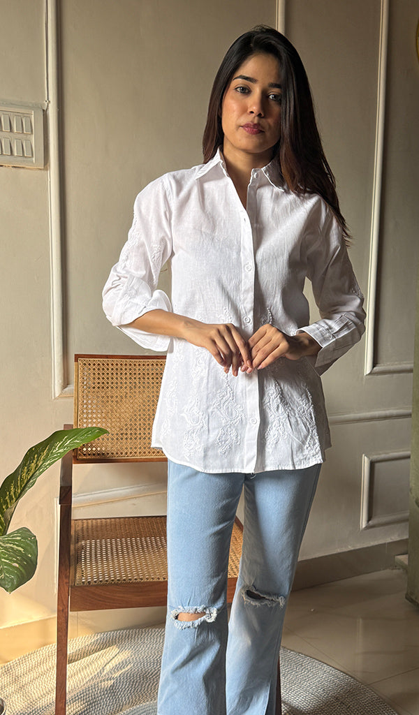 Women's Lakhnavi Handcrafted Linen Cotton Chikankari Top - HONC0293098