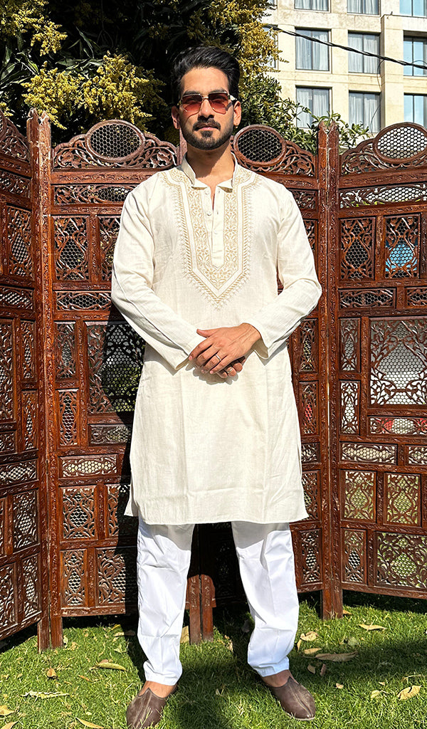 Men's Lucknowi Handcrafted Cotton Chikankari Kurta - HONC0342330