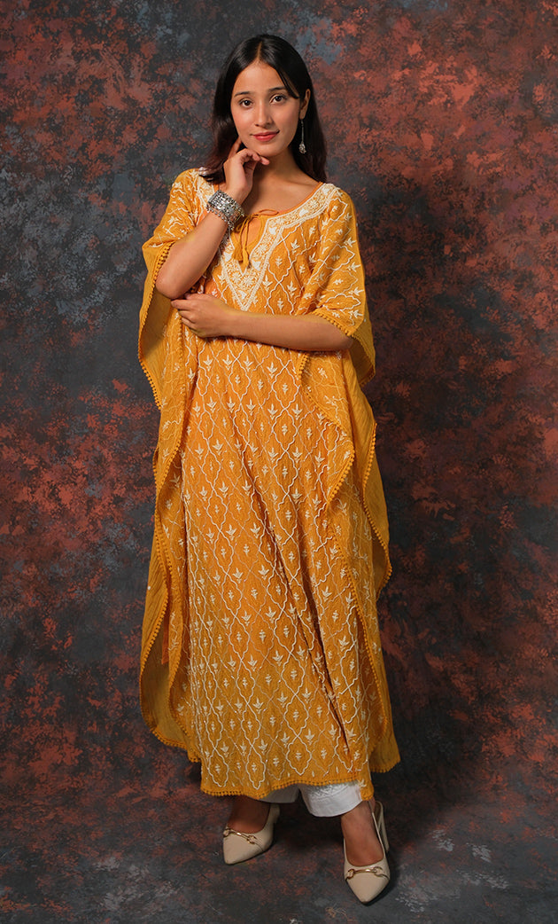 Rabia Women's Lucknowi Handcrafted Mul chanderi Chikankari Kaftan - HONC0312013