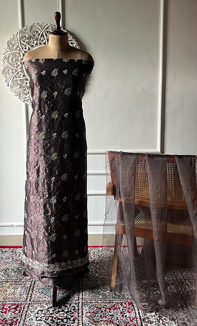 Women's Lakhnavi Handcrafted Pure Silk Chikankari Unstitched Kurta And Dupatta Set- HONC0251028