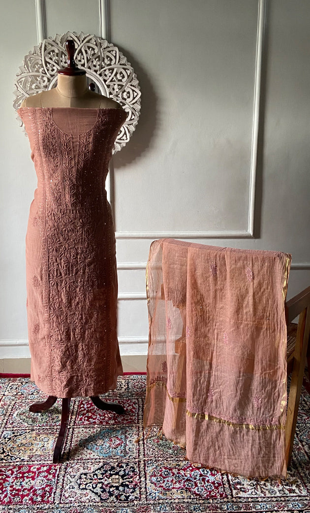 Women's Lakhnavi Handcrafted Mul Chanderi Unstitched Chikankari Full Suit Material - HONC0324502