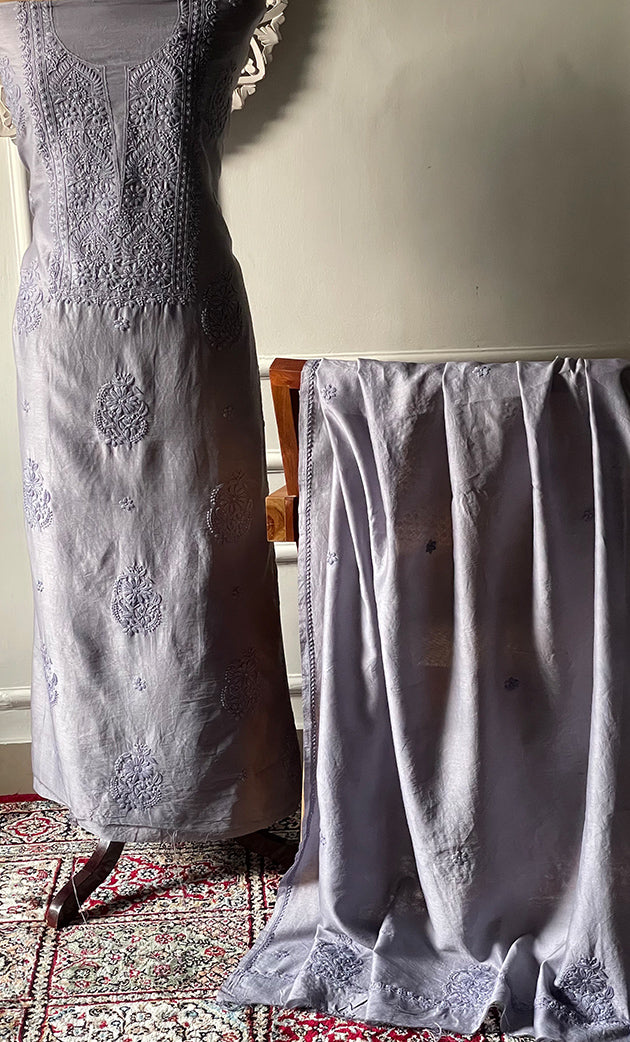 Women's Lucknowi Handcrafted Chanderi Silk Chikankari Full Suit Material - HONC0322745