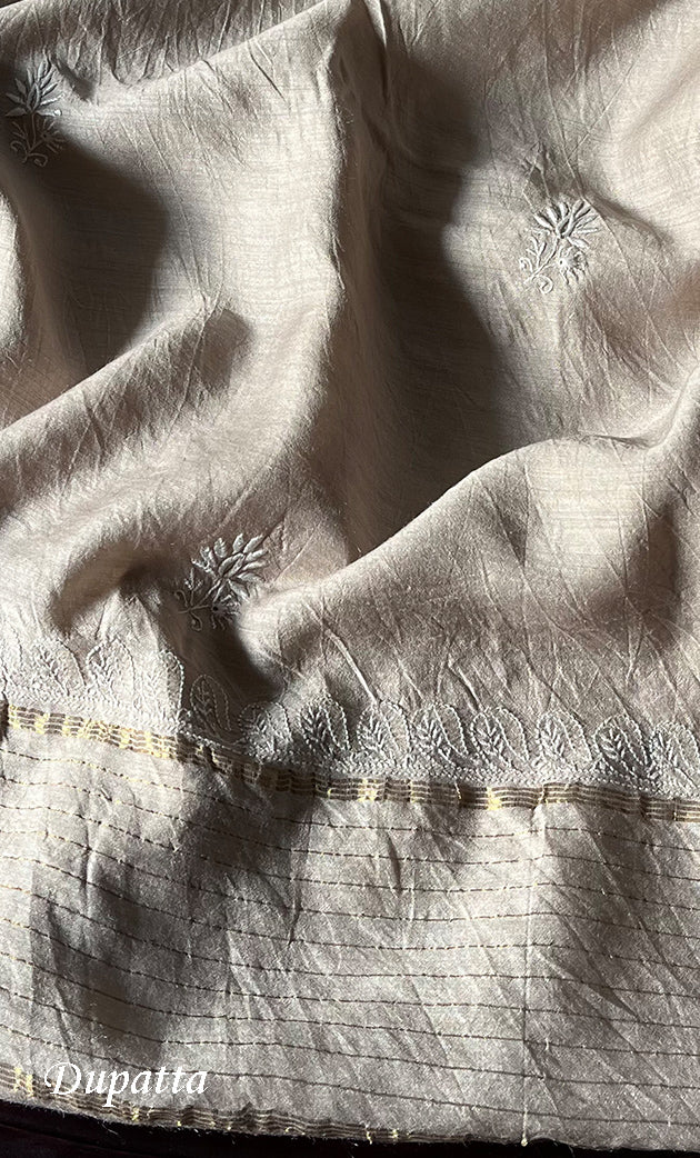 Women's Lakhnavi Handcrafted Munga Silk Chikankari Kurta And Dupatta Set- HONC0280927