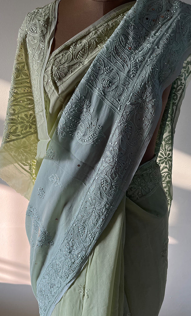 Women's Lakhnavi Handcrafted Viscose Georgette Chikankari Saree - HONC0271074