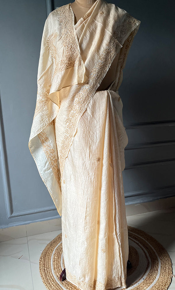 Women's Lakhnavi Handcrafted Tussar Silk Chikankari Saree - HONC0284146
