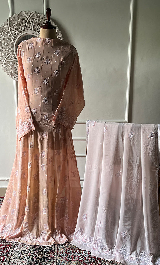 Women's Lakhnavi Handcrafted Pure Silk Georgette Unstitched Chikankari Anarkali And Dupatta Set- HONC0258457