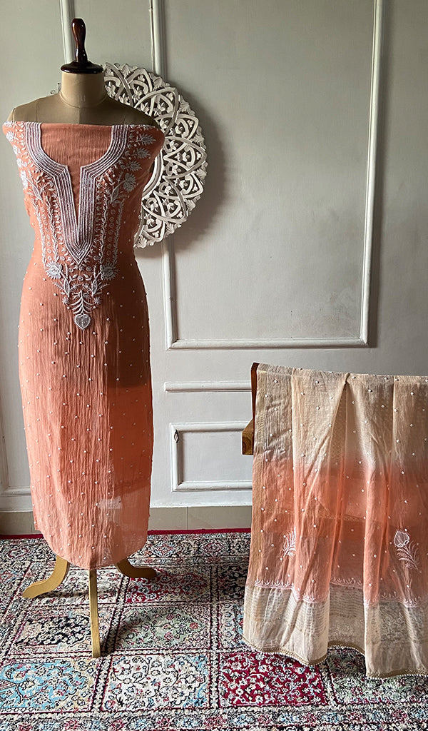 Orange Mul Chanderi Chikankari 2 Pc Unstitched Suit Set